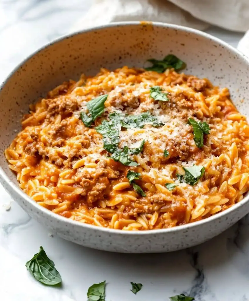Ground Beef Orzo With Tomato Cream Sauce Recipe