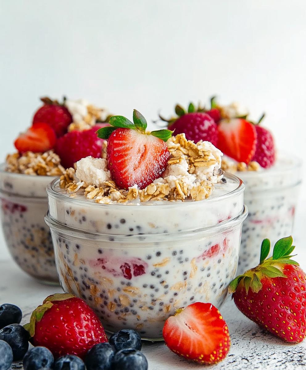 High Protein Strawberry Cheesecake Overnight Oats Recipe