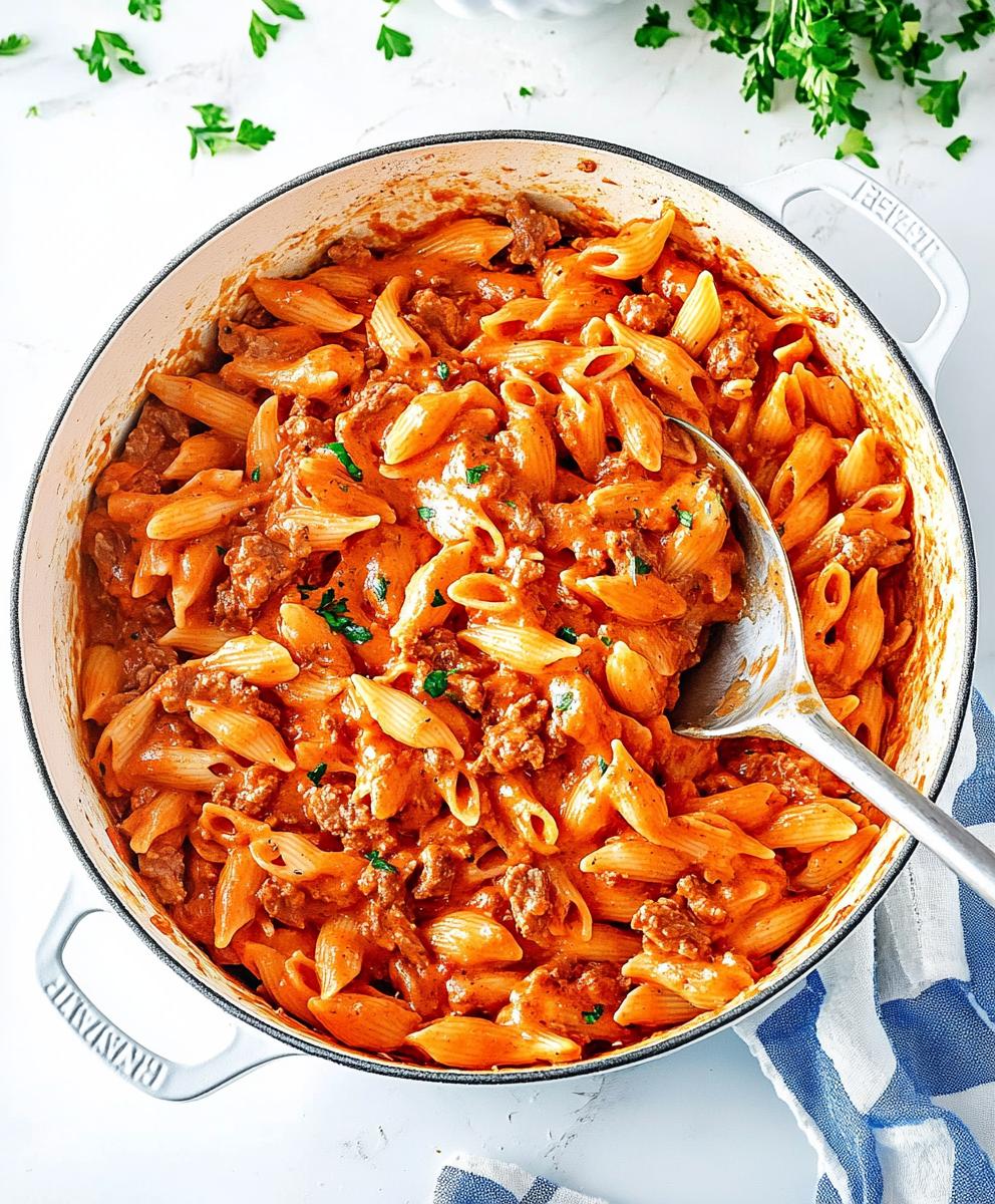 One Pot Creamy Tomato Beef Pasta Recipe