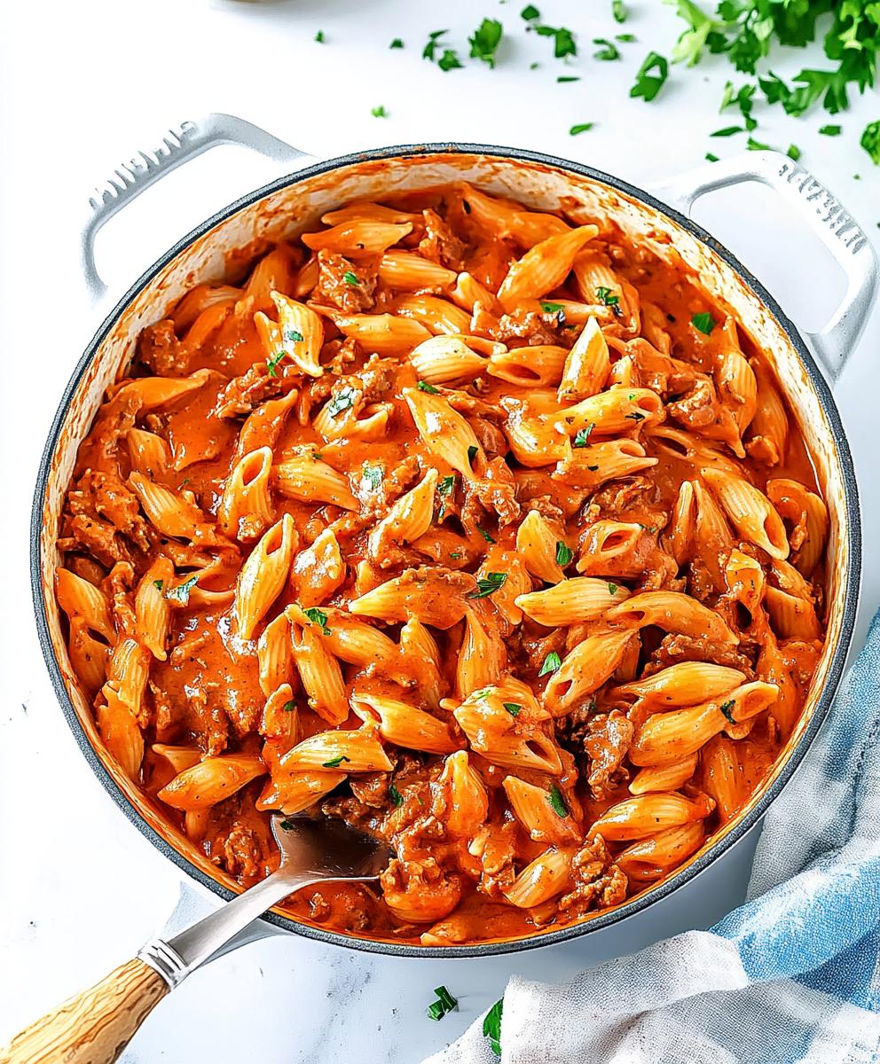 One Pot Creamy Tomato Beef Pasta Recipe