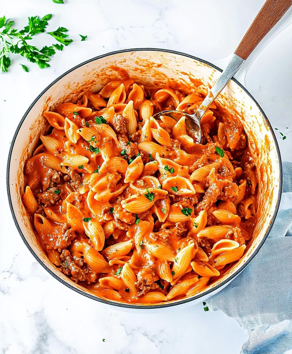 One Pot Creamy Tomato Beef Pasta Recipe